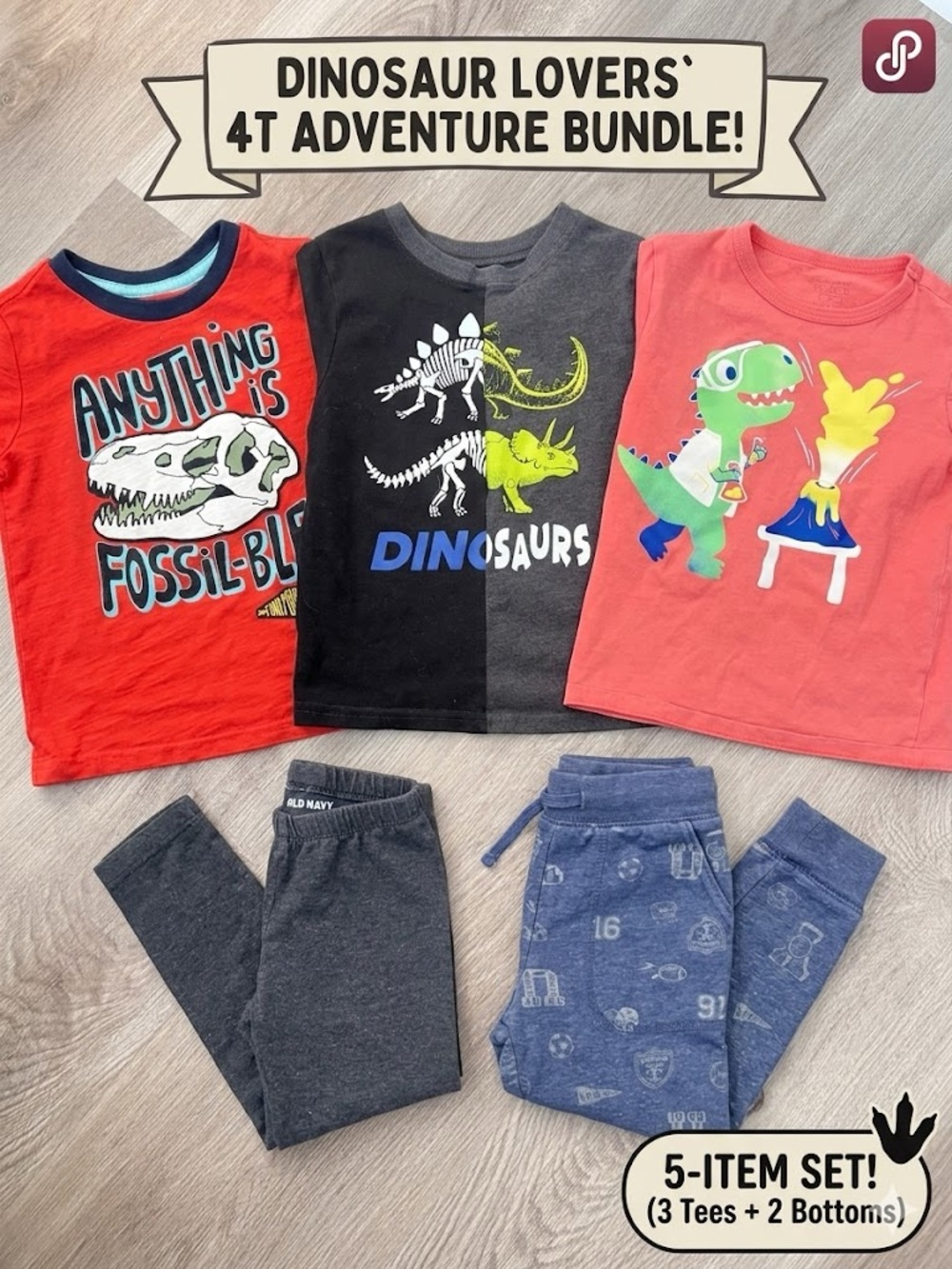 Dinosaur Adventure 3-Pack Tees + 2 Bottoms 4T